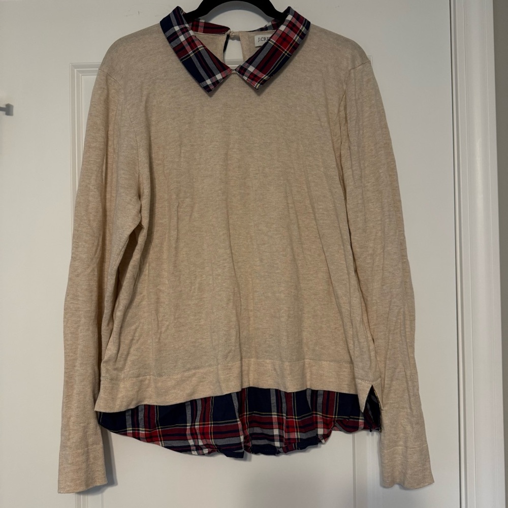 J. Crew Beige Top with Red and Blue Plaid Collar